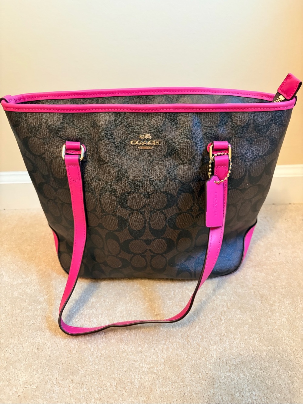 Coach Signature Canvas Lexy Shoulder Bag Brown Hot Pink F23857